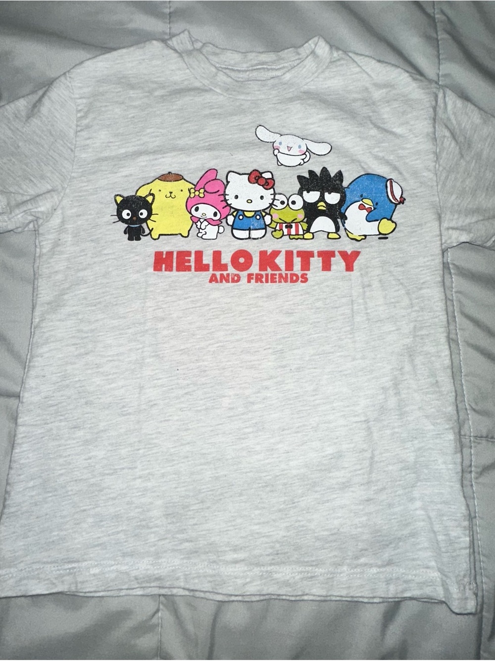 Hello Kitty Light Gray Graphic Tee with Colorful Characters